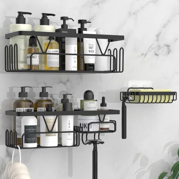 Kegii Shower Caddy, Bathroom Shelf Organiser No Drilling, Adhesive Shower Storage Rack with Soap Razor Holder, Bathroom Accessories, Black, 3 Pack - Image 2