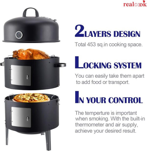 Realcook Vertical 17 Inch Steel Charcoal Smoker, Heavy Duty Round BBQ Grill for Outdoor Cooking, Black - Image 6