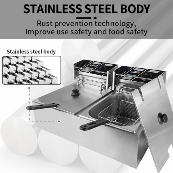 Commercial Deep Fryer 2x10L Double Tank Deep Fat Fryer Stainless Steel Chip Fryer 5000W with Lids - Image 4