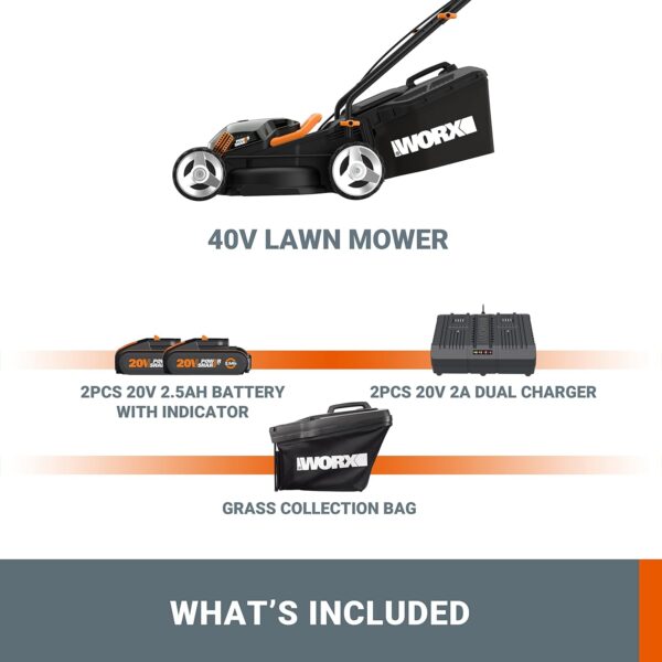 WORX 36V(40V MAX) 34cm Cordless Lawn Mower WG779E Push Mower, Cutting Height 20-70mm (6 Adjustment), 30L Grass Bag, Cutting Width Up to 280m², Powershare, 2 * 2.5Ah Battery, 1* Dual Port Charger - Image 10