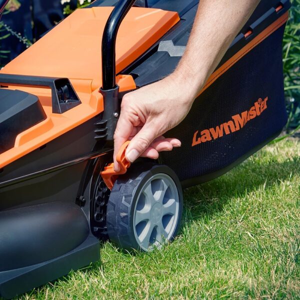 LawnMaster MX 24V 32cm Cordless Lawn Mower with 4.0Ah Battery and Fast Charger. With cut height adjust, rear roller and edging combs. For small lawns up to 150m2. Supplied with spare 32cm blade. - Image 7