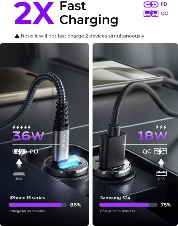 LISEN Car Charger Adapter USB C 54W 12V USB Socket [USB C 36W+USB A 18W] with 60W 3.3ft USB C Cable PD3.0 Car Phone Charger Fast Charge Cigarette Lighter USB Charger for iPhone 15 Pro Max Samsung iPad - Image 10