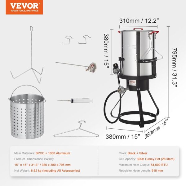 VEVOR Turkey Deep Fryer, 30-qt Turkey Fryer Boiler Steamer Cooker Set, Outdoor Aluminum Seafood Frying Pot, 54,000 BTU Burner Propane Gas Boiler, Includes Basket, Perforated Poultry Rack, Thermometer - Image 8