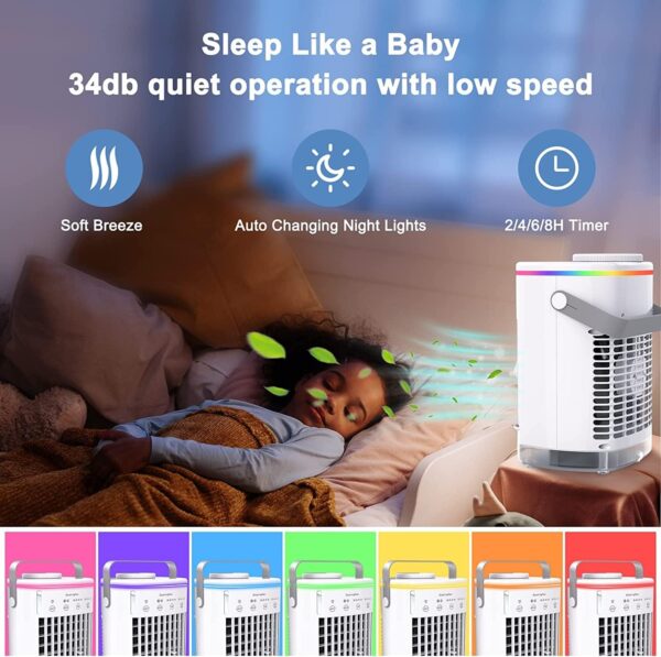 Joomouney Portable Air Cooler, 3-in-1 Air Cooler, Mini Air Conditioner With 4 Wind Speed & 7 Colour Lights & 700ml Water Tank&2-8H Timer, Personal Evaporative Air Cooler Fan for Home, Office, Bedroom - Image 6