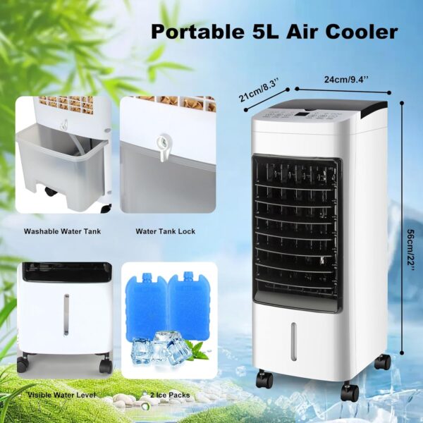 M MUNCASO 65W Evaporative Air Cooler Portable Aircon - 5L Tank 2 Ice Pack, 3D Airflow with 3 Modes & Speeds, LED Touchscreen 12H Timer, Remote Control Air Conditioner Cooler Fan for Home Office Room - Image 3