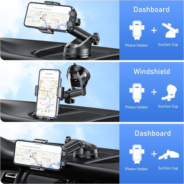 Blukar Car Phone Holder, Adjustable Car Phone Mount 360° Rotation for Car Dashboard/Windscreen [Upgraded Strong Suction] - One Button Release Car Phone Cradle for iPhone 4.0''-7.0'' Phones - Image 3