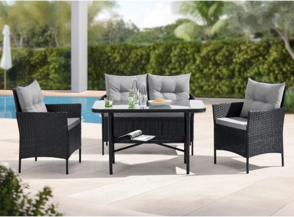 EVRE Anthracite Florence Garden Rattan Furniture Set 4 Piece Seat 1 Sofa 2 Chair Dining Outdoor Conservatory Wicker Weave Lounge Sofa and Glass Top Table with Cushions - Image 2