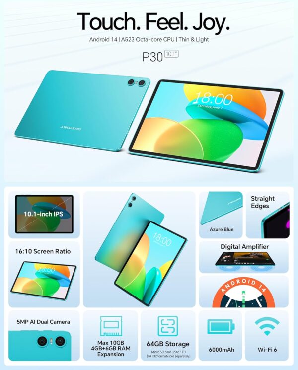 TECLAST P30 Tablet 10.1 Inch Android 14, 10(4+6) GB RAM 64GB ROM(TF 1TB), 1280x800 HD IPS, Quad-Core WiFi 6,Dual Speaker&Camera, Type-C|GMS|Bluetooth|3.5mm Jack - 2024 - Image 3