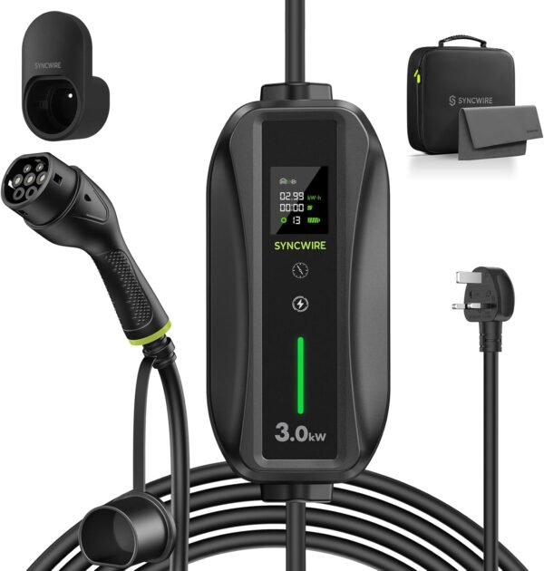 SYNCWIRE EV Charger Type 2 to UK 3 Pin 5.5m [6/8/10/13A] Portable Electric Car Type 2 EV Charging Cable with Adjustable Current, Timing Delay, LED Screen, IP66 Waterproof, with Storage Bag & Bracket - Image 2