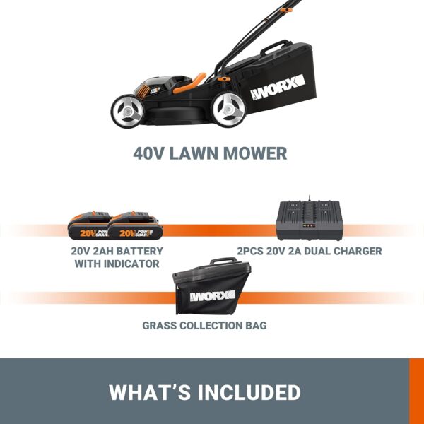 Worx WG779E.2 40V 34cm Cordless Lawn Mower, Petrol-Like Power, Cut-to-Edge Design, Adjustable Height, with 2x2.0Ah Batteries and Charger, Part of PowerShare Range - Image 9