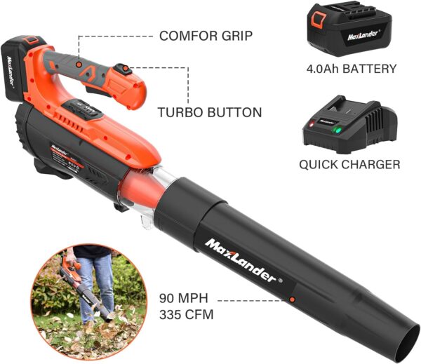 MAXLANDER Cordless Leaf Blower,20V 350CFM Battery Powered Leaf Blowers for Lawn Care, Electric Lightweight Leaf Blower with 2-Speed Dial for Leaf/Snow/Dust Blowing (4.0Ah Battery & Charger Included) - Image 3