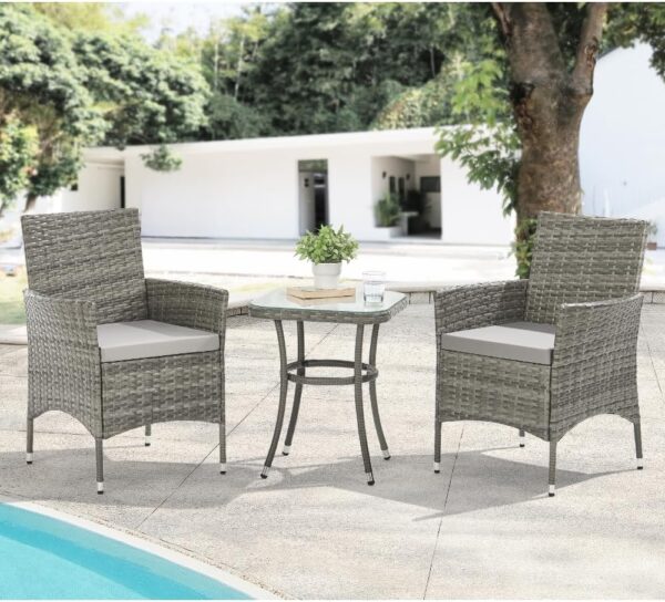 EVRE Copenhagen Outdoor Rattan Garden Bistro Set 3 Piece Wicker Table and Chairs Furniture with Cushions Glass Top Coffee Table for Conservatories Balcony Patio Poolside and Terrace (Grey) - Image 3