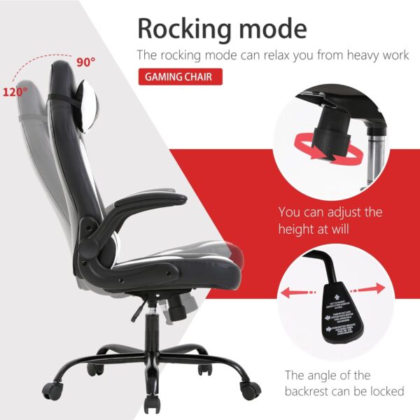 Gaming Chair Ergonomic Office Chair Desk Chair with Lumbar Support Flip Up Arms Headrest PU Leather Executive High Back Computer Chair for Adults Women Men (White) - Image 6