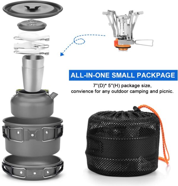 Odoland Camping Cooker Pan Set Aluminum Camping Cookware Kit for 2 People, Portable Outdoor Pot Pan Stove Kettle 2 Cups and Tableware - Backpacking Cookware for Picnic Trekking and Hiking - Image 8