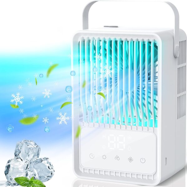 Portable Air Cooler, 3-in-1 Evaporative Air Cooler, 600ML Water Tank Portable Air Conditioner, 3 Wind Speeds &2 Mist Modes, 7 Colors Light &1-8H Timer Personal Cooling Fan for Room Home Office Outdoor - Image 2