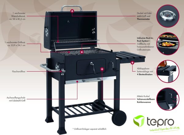 tepro Grillwagen Toronto Click Charcoal Barbecue, Anthracite/Stainless Steel, 56 x 41.5 cm - Image 9