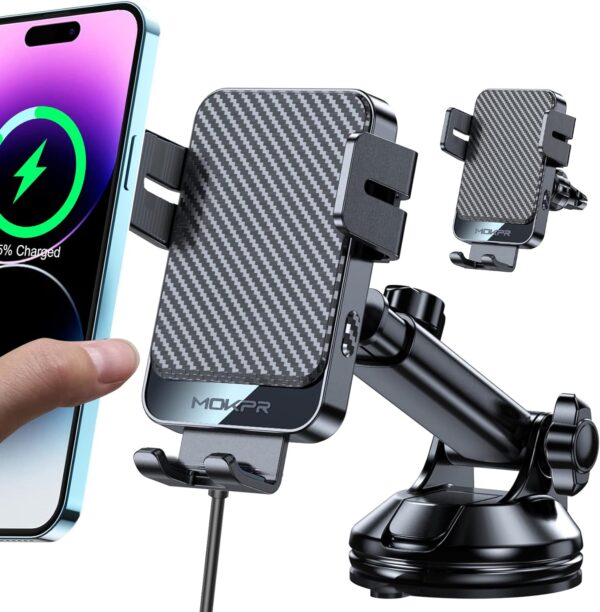 Wireless Car Charger, 15W Fast Charging Auto Clamping Car Phone Holder Wireless Charger Suction Holder Dashboard Compatible for iPhone 14 13 12 11 Pro Max Xs, Samsung Galaxy S23 S22 S21 S20, etc - Image 2