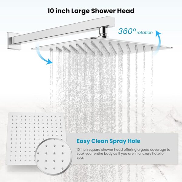 gotonovo Wall Mounted Chrome Polished Shower System Set with 10 inch Square Shower Head with Single Handle with Single Function Shower Trim Kit with Pressure Balance Rough-in Brass Valve(Male Thread) - Image 9