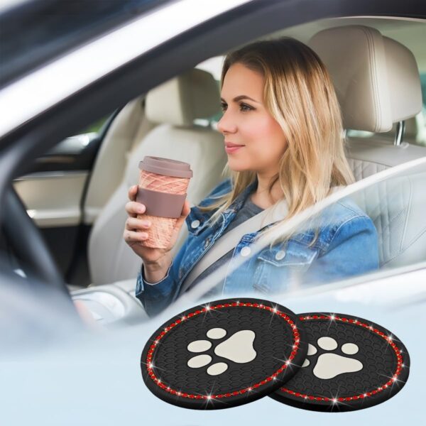 CGEAMDY 2 PCS Car Cup Holder Pads, Crystal Rhinestone PVC Paw Car Cup Pad, Universal Auto Anti Slip Cup Holder Insert Mat, Bling Mats Car Interior Accessories for Women & Men(Black-Red) - Image 5