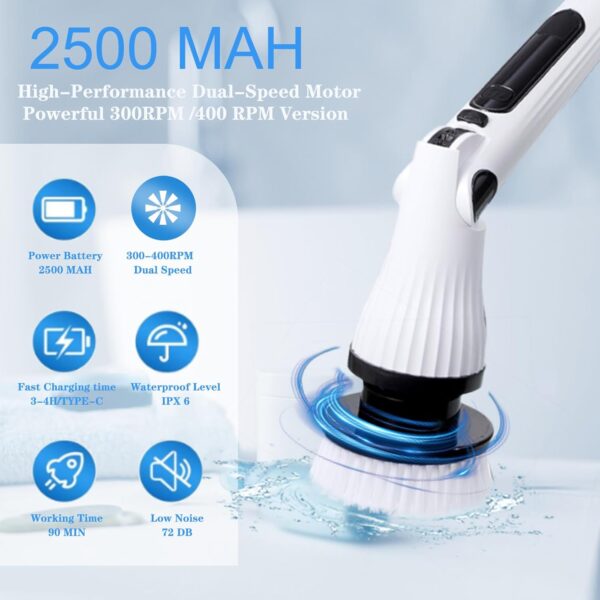 Electric Spin Scrubber, Cordless Scrubbing Brush with 8 Replaceable Brush Heads, 2 Speeds Electric Cleaning Brush with Adjustable Extension Handle for Bathtub, Kitchen, Floor,Tub, Tile - Image 5