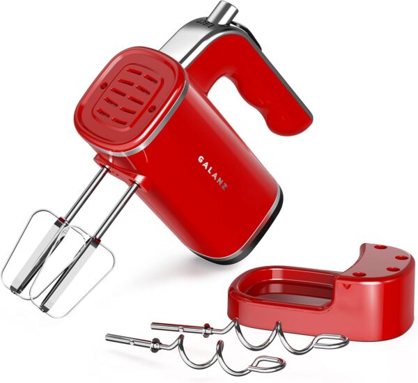 Galanz 5-Speed Lightweight Electric Hand Mixer with Dough Hooks, Beaters, & Storage Base + Simple Eject Button, 5 Speeds + Turbo, 150W, Retro Red - Image 2