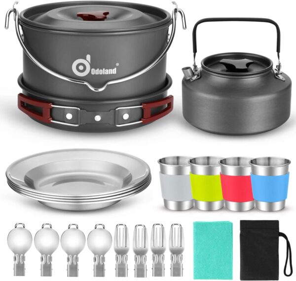 Odoland Camping Cookware Kit for 3-4 People Portable Stainless steel Cooking Set for Camping, Backpacking, Outdoor Cooking and Picnic - Image 2