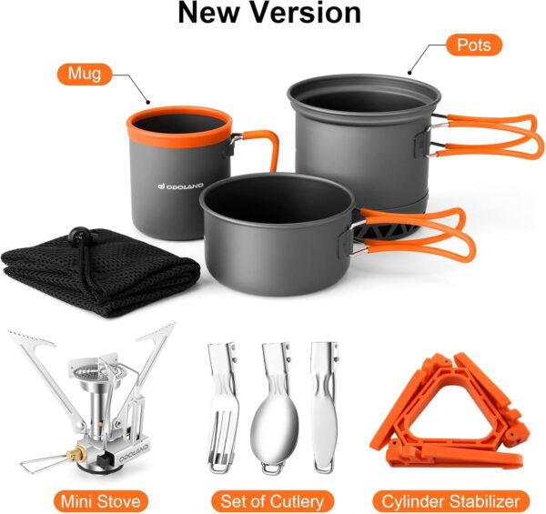 Odoland Upgraded Camping Cookware Set Outdoor Cooking Utensils Aluminium Camping Pot with Burner Mug Foldable Cutlery Mini Camping Stove for Outdoor Picnic Hiking - Image 3