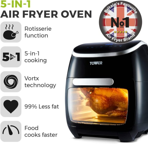 Tower T17039 Xpress Pro 5-in-1 Digital Air Fryer Oven with Rapid Air Circulation, 60-Minute Timer, 11L, 2000W, Black - Image 3