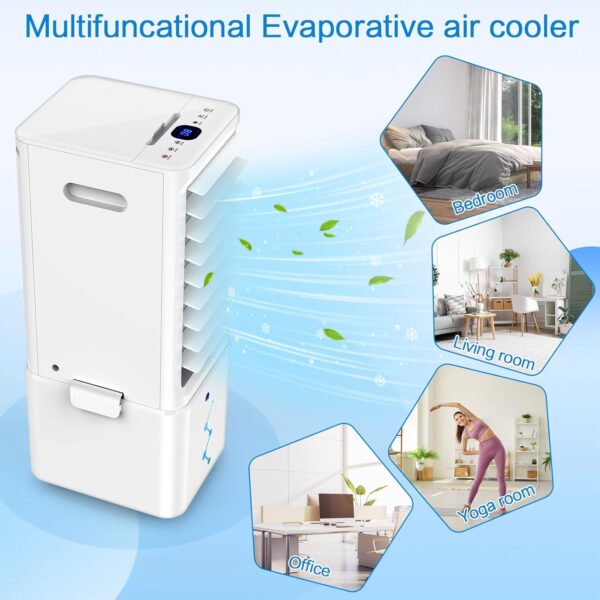 Raofuo Evaporative Air Cooler, 65W Mobile Air Conditioner 60° Oscillation 3 Modes/Wind Speeds Removable 10L Tank 12H Timer Low Noise w/Remote Control 2 Ice Box Cooling Fan for Home, Bedroom, Office - Image 9