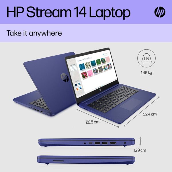 HP Laptop PC 14s-dq0033sa | Intel Celeron N4120 Processor | 4GB RAM | 128GB SSD | 14 inch HD 16:9 display | Windows 11 Home in S Mode | Indigo Blue | Microsoft 365 Personal 12 months included - Image 3