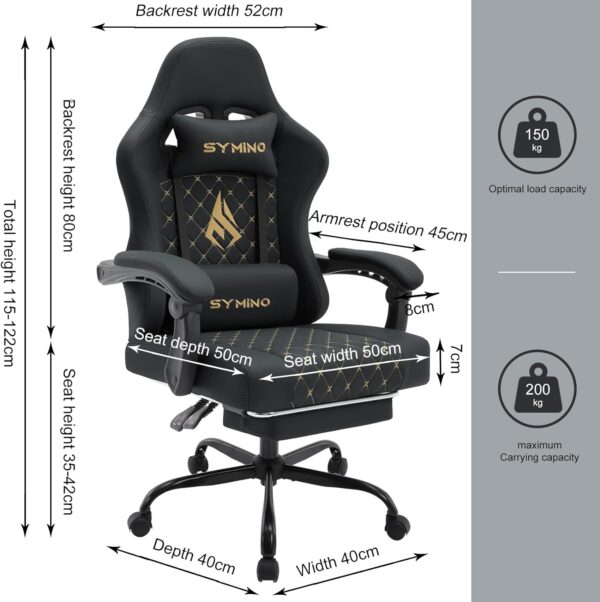 Symino Gaming Chair with Footrest, Computer Ergonomic Video Game Chair, Adjustable Swivel Task Chair with Lumbar Support, PC Chair, Office Chair PU Leather, Black - Image 4