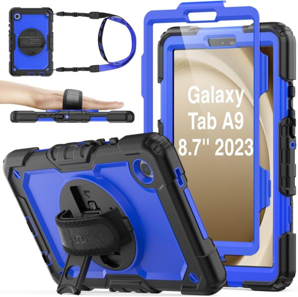 SEYMAC stock Case for Samsung Galaxy Tab A9 8.7 Inch 2023 with Screen Protector, 360 Rotating Hand Strap/Stand, Pen Holder, Drop-Proof & Shockproof Case for Samsung Tab A9 SM-X110/X115/X117, Blue - Image 2