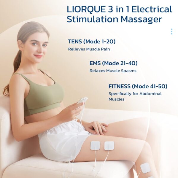 LIORQUE TENS Machine for Pain Relief, Dual Channel TENS Unit EMS Muscle Stimulator with 50 Modes, Rechargeable TENS with 10 TENS Machine Pads Replacement - Image 3