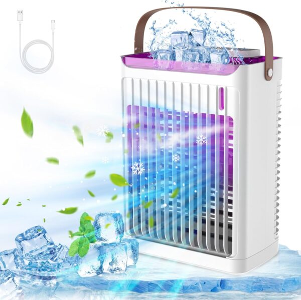 Portable Air Conditioner, Personal Mini Air Cooler Cooling Fan with 5 Wind Speeds, 680ml Evaporative Air Conditioner, 7 LED Light, 2 Cool Mist Air Conditioners Humidifier Fan for Room Bedroom Office - Image 2