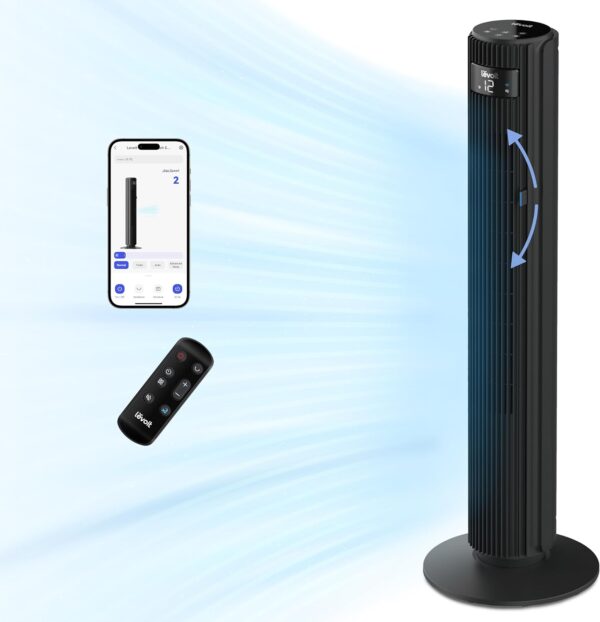 LEVOIT Smart Silent Tower Fan 42Inch, 7.9m/s Powerful Electric Cooling Fan for Bedroom, Quiet Mark 25dB with DC Motor, 90° Oscillating and 60° Up and Down, Voice Control 4 Modes 12 Speeds 12H Timer - Image 2