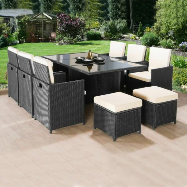 Premium 11-Piece Rattan Garden Furniture Set, 6 Armchairs, 4 Stools, Cube Dining Table (Black) - Image 2