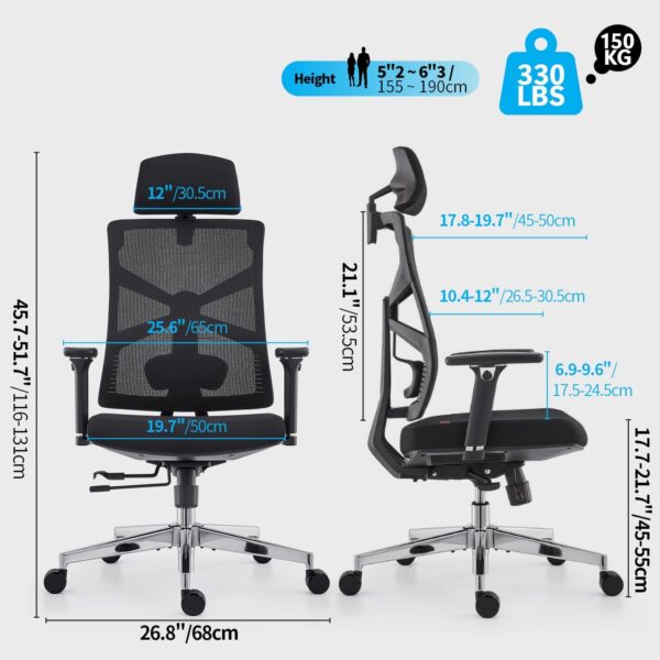 HOLLUDLE Ergonomic Office Chair with Adaptive Backrest, High Back Computer Desk Chair with 4D Armrests, Adjustable Seat Depth, Lumbar Support and 2D Headrest, Swivel Task Chair, Black - Image 3