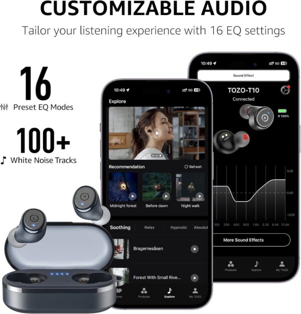 TOZO T10 Wireless Earbuds Bluetooth 5.3 Headphones, App Customize EQ, Ergonomic Design, 55H Playtime, Wireless Charging Case, IPX8 Waterproof Powerful Sound in-Ear Headset Blue(New Upgraded) - Image 7