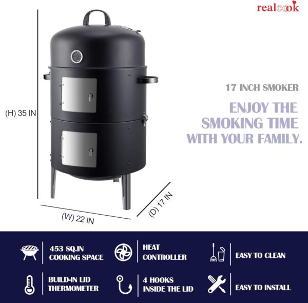 Realcook Vertical 17 Inch Steel Charcoal Smoker, Heavy Duty Round BBQ Grill for Outdoor Cooking, Black - Image 7