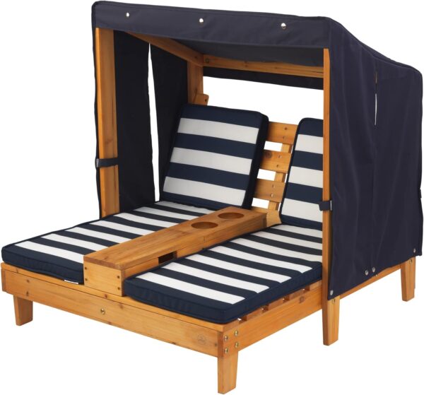 KidKraft Double Garden Sun Lounger for Kids with Canopy and Cushions, Wooden Garden Chairs, Outdoor Garden Furniture For Children, Navy & White, 00524 - Image 5