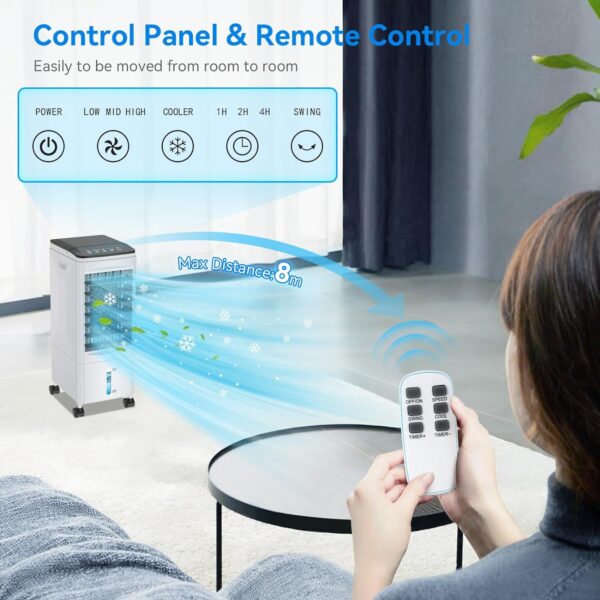 Evaporative Air Cooler, 3-IN-1 Portable Air Conditioner Humidifier Cooling Fan, 3 Speed, 60° Oscillation, Remote Control & 1-7H Timer, 60W Energy Saving Portable Space Cooler for Home Office Dorm - Image 7