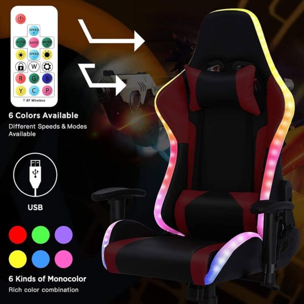 Gaming Chair with LED Light/Video Gaming Chair with Massage and Footrest, with Bluetooth Speakers Adjustable Armrest PU Leather PC Computer Desk Chair, Adjustment ​of Backrest,Black - Image 5