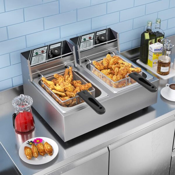 Commercial Deep Fryer 2x10L Double Tank Deep Fat Fryer Stainless Steel Chip Fryer 5000W with Lids - Image 3