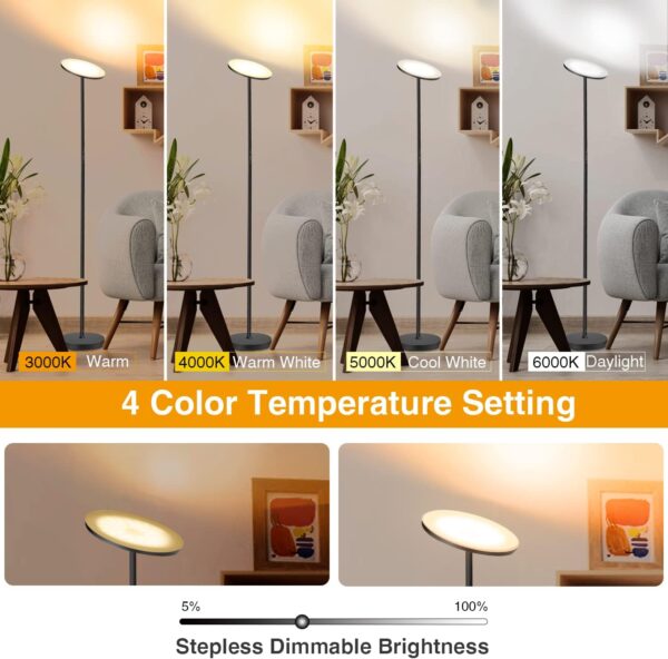 OUTON LED Uplighter Floor Lamp 30W 3000LM, Bright Modern Torchiere Dimmable Standing Lamp, Remote Touch Control & 4 Color Temperatures, 1 Hour Timer for Living Room, Bedroom, Office, Black - Image 3