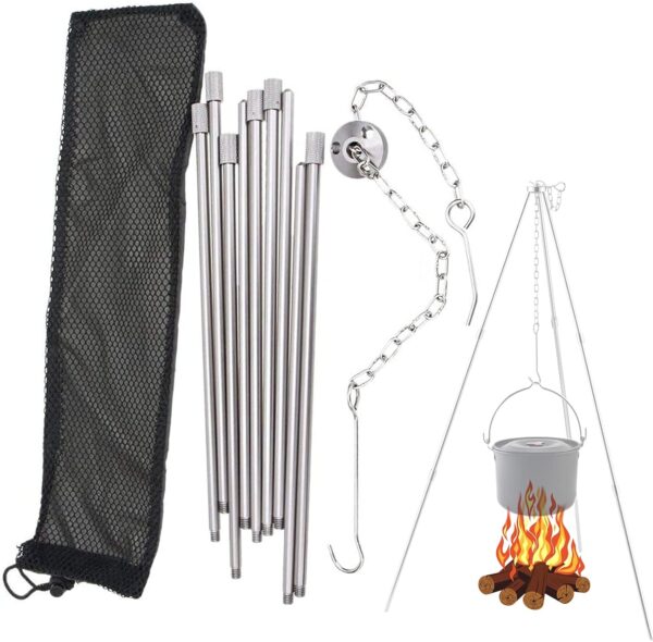 inherited Outdoor Cooking Tripod(Silver), Adjustable Foldable Hanging Portable Tripod for Cooking, Drying Clothes, Pot Roast, Grilling Outdoor Picnic Camping BBQ Cooking Hanger with Storage Bag - Image 2