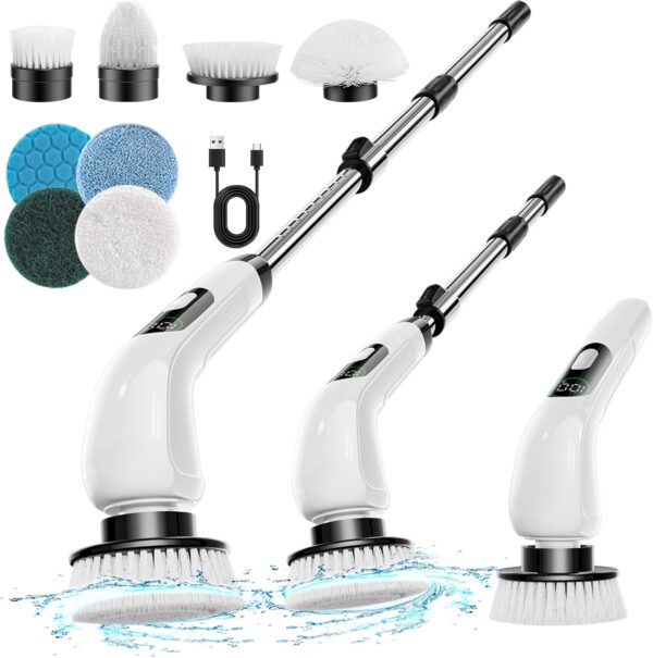 Electric Spin Scrubber, Yirilan 2023 New Cordless Shower Scrubber with 8 Replaceable Brush Heads and Adjustable Extension Handle,Power Cleaning Brush for Bathroom,Kitchen,Car,Tile,Wall,Floor,Tub,Grout - Image 2