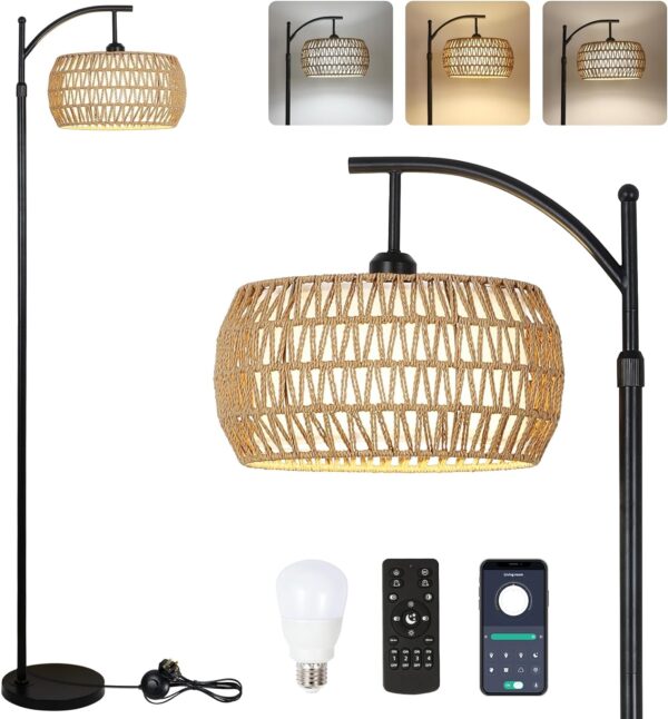 Rayofly Arc Floor Lamp for Living Room, Dimmable Floor Lamps with Remote Control, Boho Standing Lamp with Rattan & Linen Double Shades, Black Reading Tall Lamp for Bedroom Office, 9W LED Bulb Included - Image 2