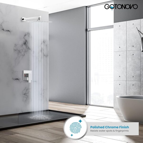 gotonovo Wall Mounted Chrome Polished Shower System Set with 10 inch Square Shower Head with Single Handle with Single Function Shower Trim Kit with Pressure Balance Rough-in Brass Valve(Male Thread) - Image 3