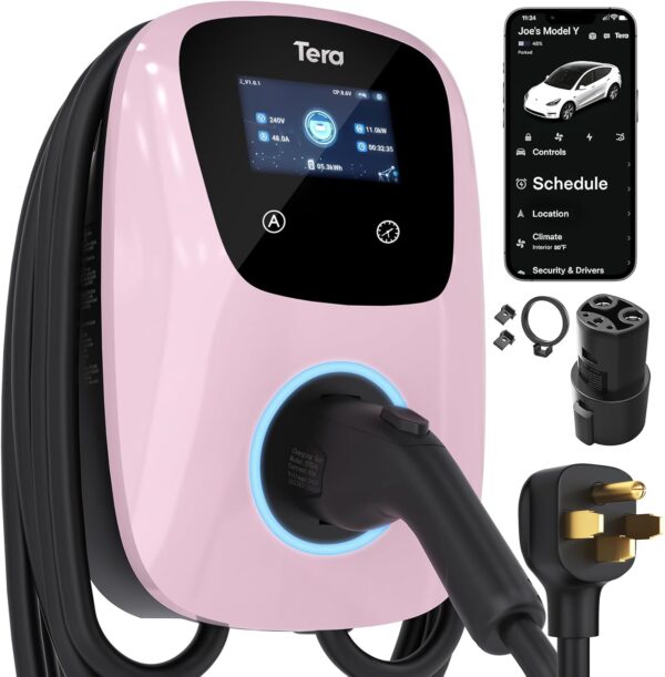 Tera Electric Vehicle Charger for Tesla: J1772 EVs ETL Certified Level 2 48 40 Amp 240 Volt Tesla Home EVSE with Manual Setting Amps Schedule on Unit NEMA 14-50 25 FT Cable W01 Pink - Image 2