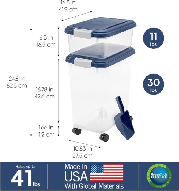 IRIS USA 3-Piece 35 Lbs / 45 Qt WeatherPro Airtight Pet Food Storage Container Combo with Scoop and Treat Box for Dog Cat and Bird Food, Keep Pests Out, Translucent Body, Easy Mobility, Navy - Image 5